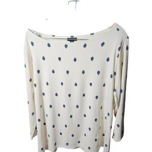 Ann Taylor Factory Womens XL Cream & Navy Blue Leaf Print Long Sleeve Top